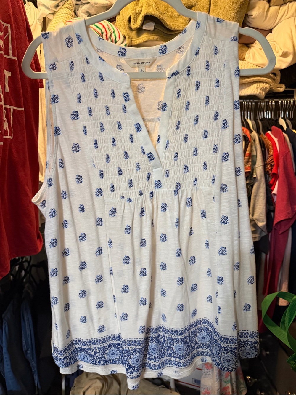 Lucky Brand White Sleeveless Smocked Top with Blue Floral Print